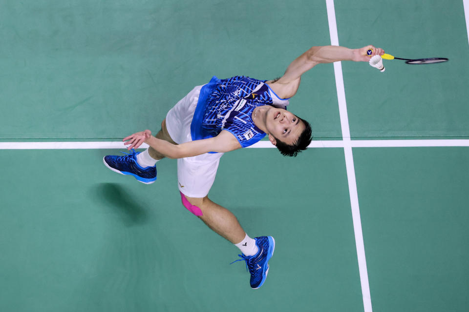 NONTHABURI, THAILAND - JANUARY 28: Wang Tzu Wei of Chinese Taipei competes in the Men’s Singles round robin match against Kidambi Srikanth of India on day two of the HSBC BWF World Tour Finals at the IMPACT Arena on January 28, 2021 in Nonthaburi, Thailand. (Photo by Shi Tang/Getty Images)