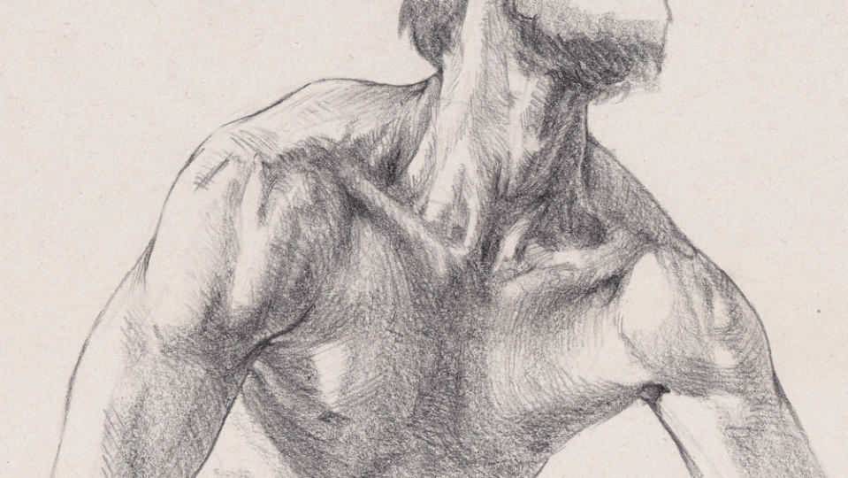 A pencil sketch of someone's neck and shoulders