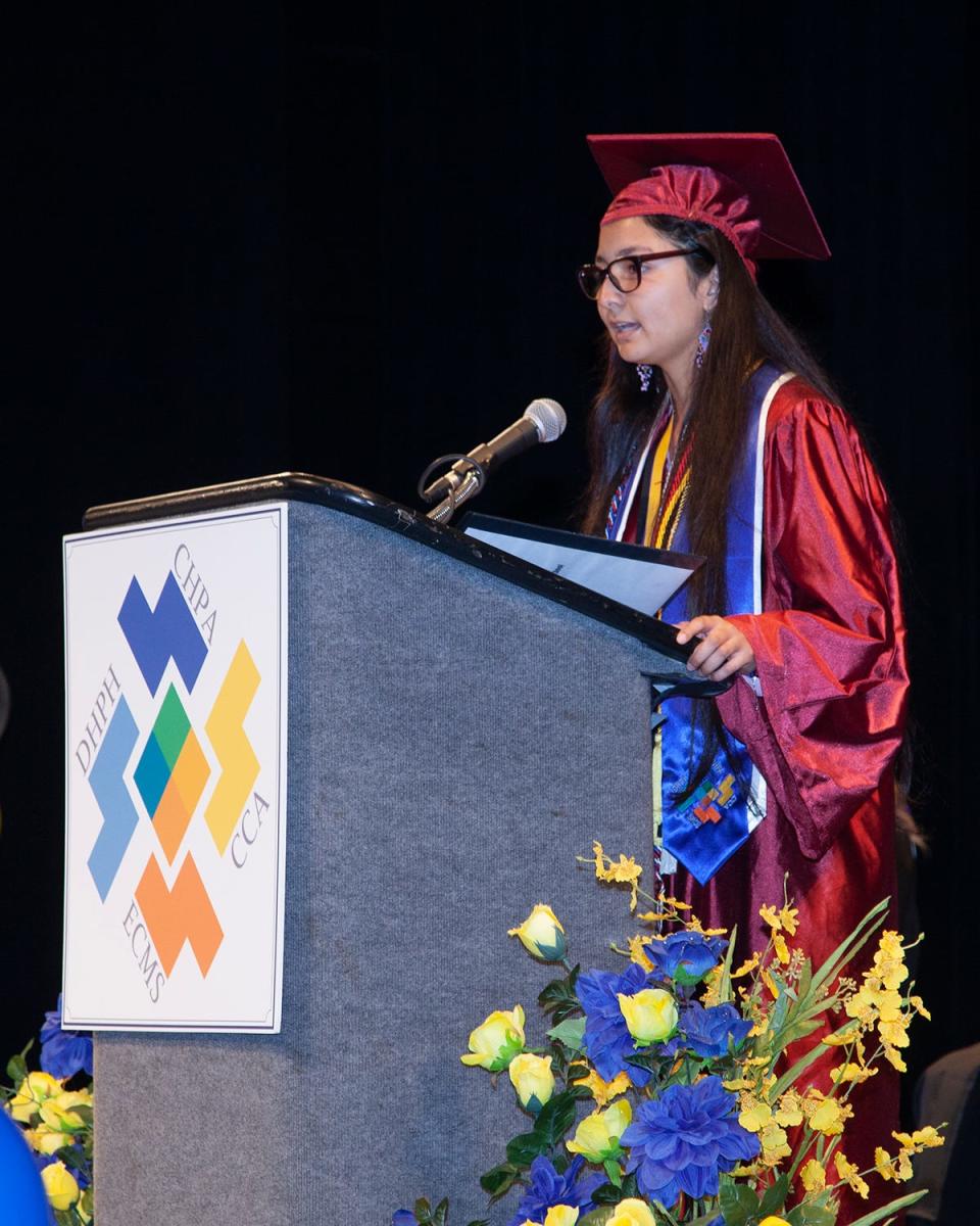 Vashti Trujillo addresses her fellow students at the Dolores Huerta Preparatory High School graduation on Friday, May 19.