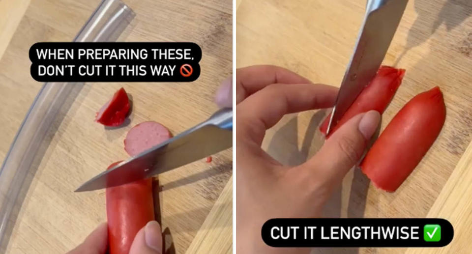 Two stills of CEO from Tiny Hearts Foundation showing how to cut a sausage correctly so that it doesn't potentially choke a child.