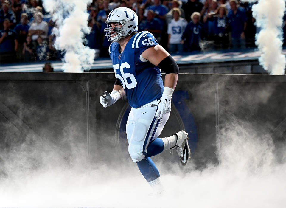 INDIANAPOLIS, IN - SEPTEMBER 22: Quenton Nelson #56 of the Indianapolis Colts takes the field before the start of the game against the Atlanta Falcons at Lucas Oil Stadium on September 22, 2019 in Indianapolis, Indiana. (Photo by Bobby Ellis/Getty Images)