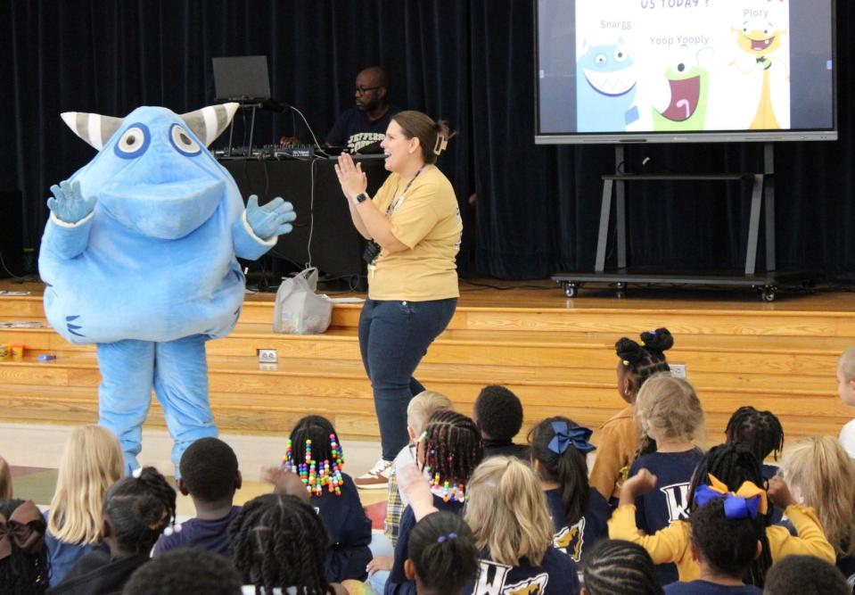 Snargg the blue horned alien made stops at elementary schools across Jefferson County recently to kick off use of the system’s new iReady digital learning platform.