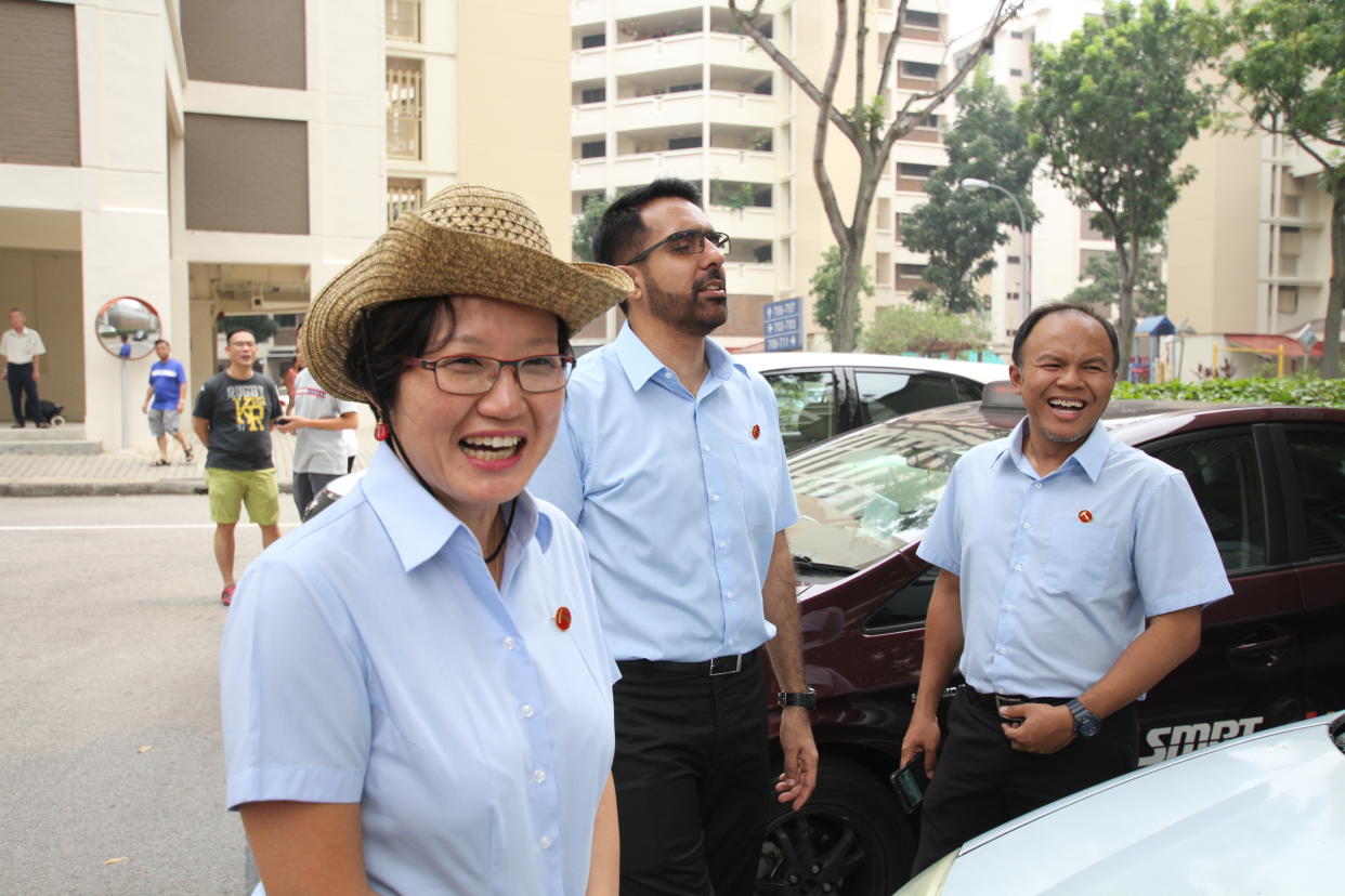 Aljunied GRC MP Sylvia Lim seen with fellow Workers’ Party MPs Pritam Singh and Faisal Manap in 2015. (Yahoo News Singapore file photo)