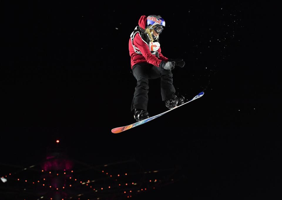 Britain’s Katie Ormerod soars through the air during the snowboard women’s World Cup big air event near Milan, Italy, in 2017. Ormerod fractured her heel in two places on Thursday, and will miss the 2018 Winter Olympics in PyeongChang, South Korea. (AP)