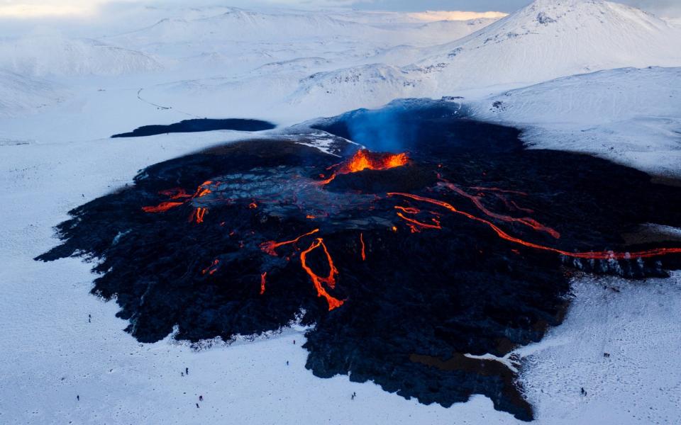 Lava oozes from a new fissure near Fagradalsfjall, Reykjanes Peninsula, Iceland 