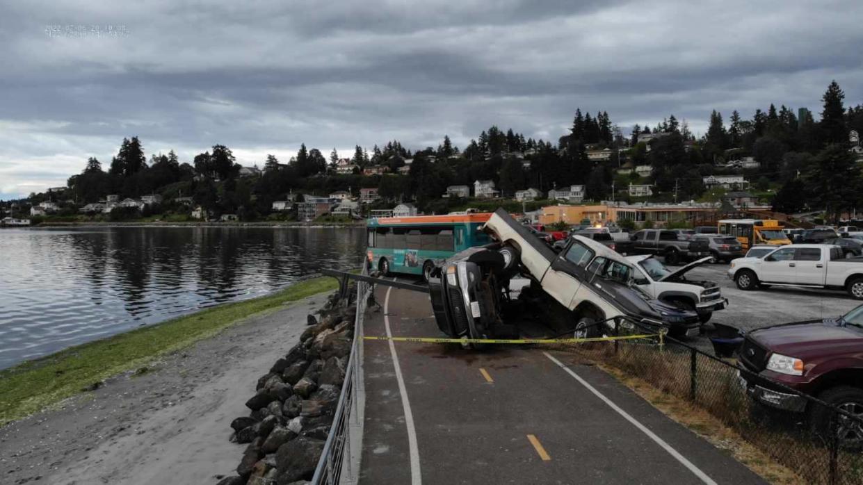 A Kitsap Transit bus crashed through the Port Orchard Ford dealership and onto the Bay Street Pedestrian Path on Tuesday. The driver was the only person aboard the bus, was treated at an area hospital and released.