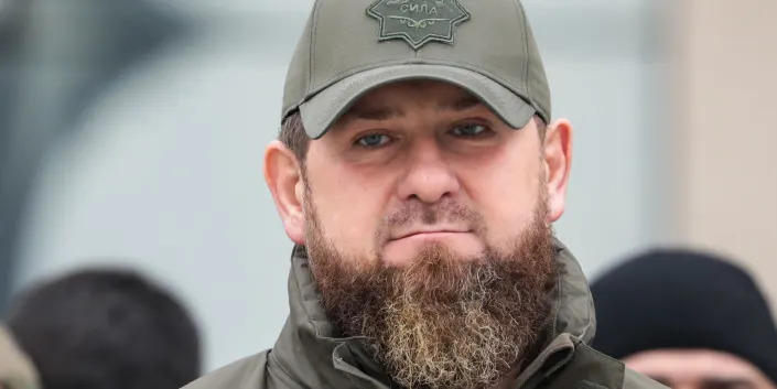 A head and shoulders shot of Ramzan Kadyrov, leader of the Chechen Republic, in a baseball cap on February 25, 2022.