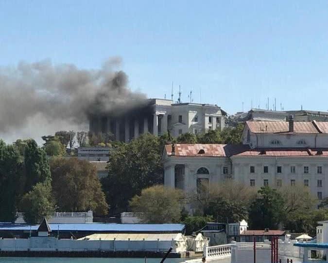 The aftermath of a reported Ukrainian strike on Russia's Black Sea Fleet headquarters in Sevastopol, Crimea, on Sept. 22, 2023. (Emergency Sevastopol/Telegram)