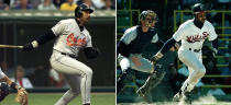 FILE - At left, in a Sept. 8, 1997, file photo, Baltimore Orioles batter Harold Baines watches his first inning home run against the Cleveland Indians, in Cleveland. At right, in a July 22, 1987, file photo, Chicago White Sox' Harold Baines hits his 155th career home run, setting a new club record, during the third inning of a baseball game against the Baltimore Orioles, in Chicago. Baines will be inducted into the Baseball Hall of Fame on Sunday, July 21, 2019. (AP Photo/File)