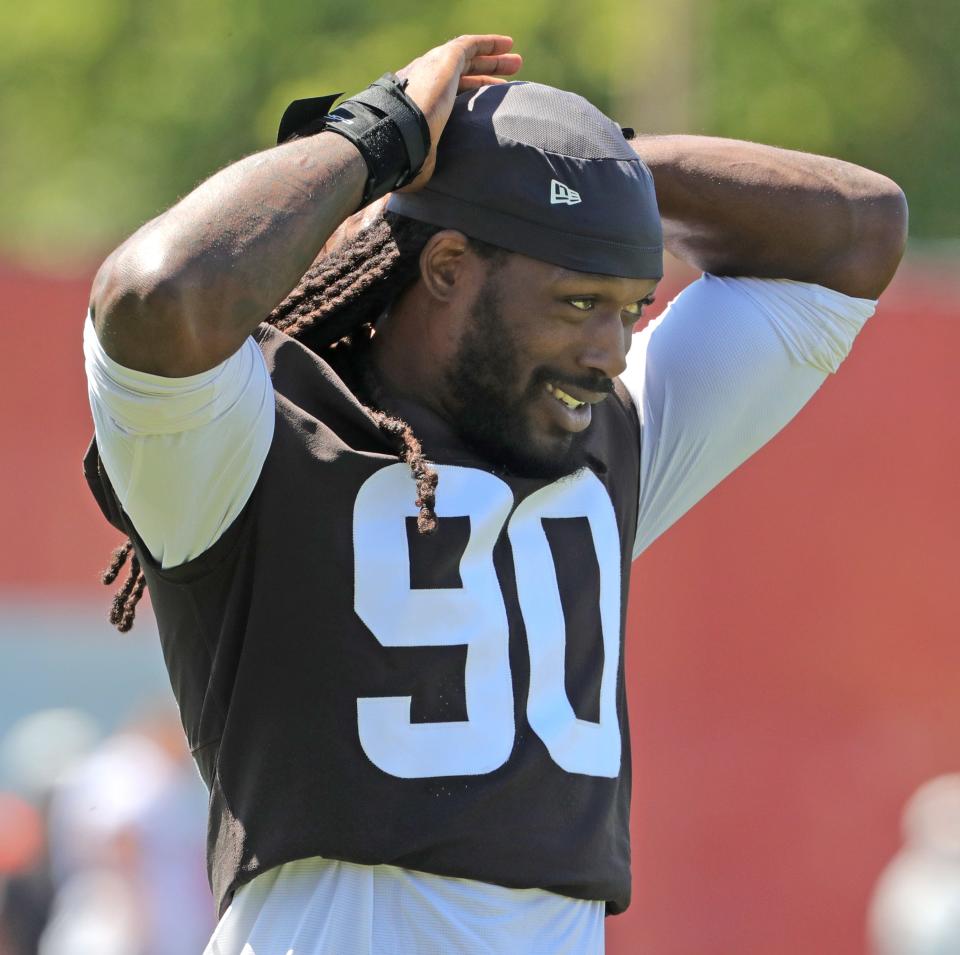 Browns defensive end Jadeveon Clowney at practice on Monday, August 2, 2021 in Berea, Ohio. [Phil Masturzo/ Beacon Journal]