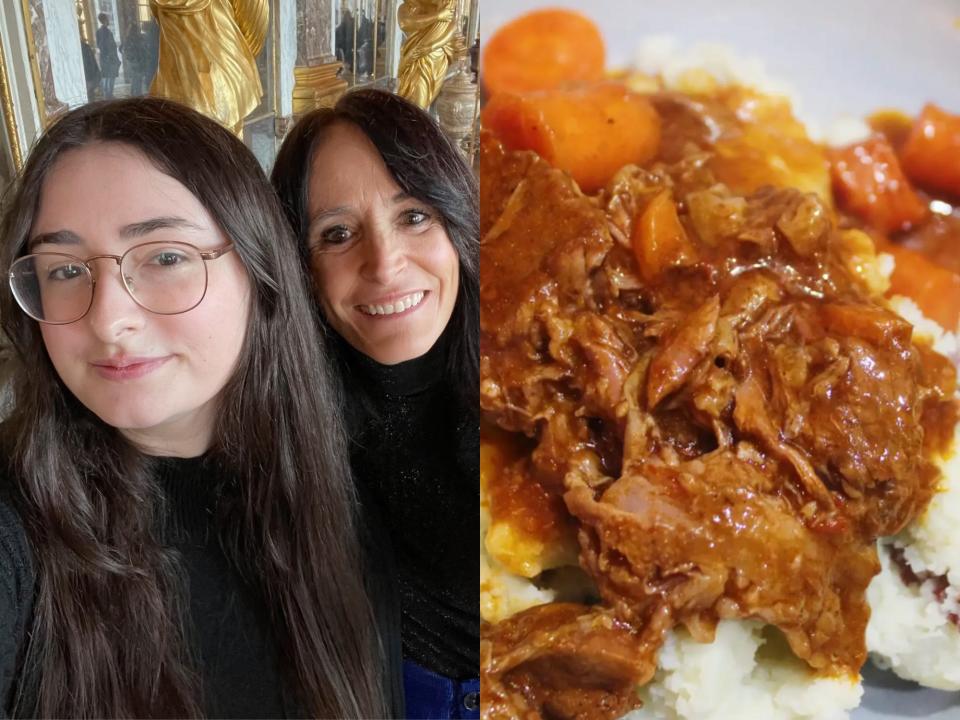 the author and her mom next to a photo of the finished pot roast