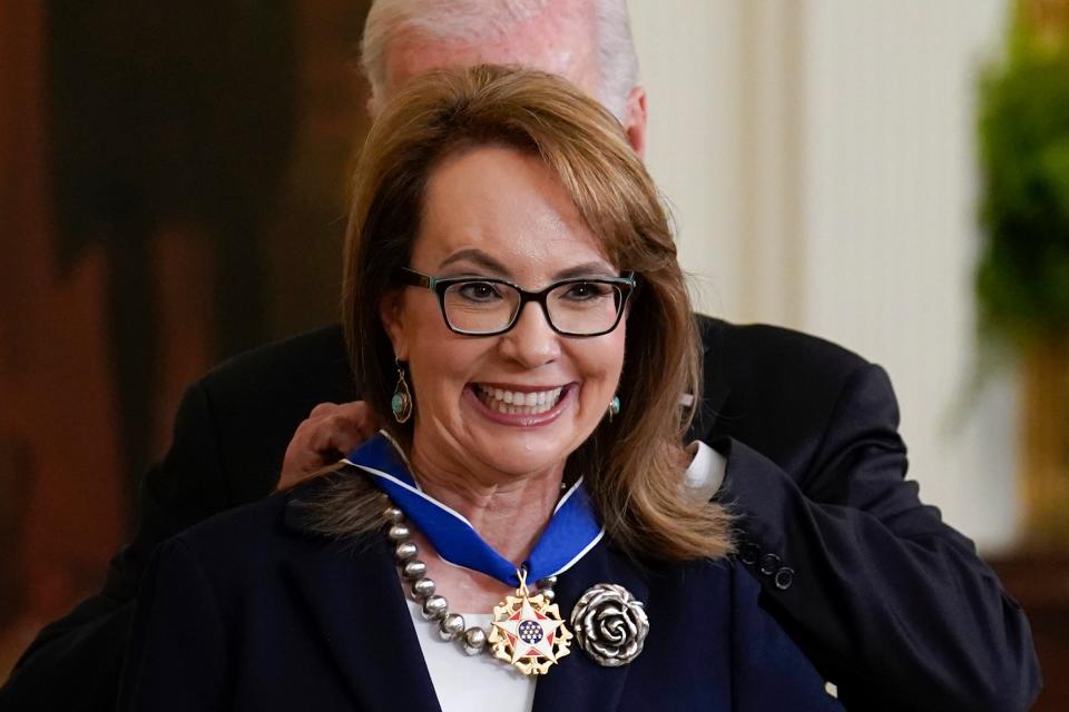 File: President Joe Biden awards the nation’s highest civilian honor, the Presidential Medal of Freedom, to former representative Gabrielle Giffords (AP)