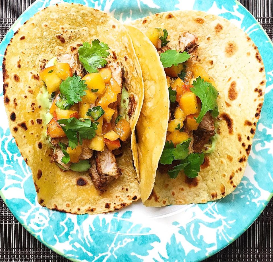 Spiced Pork Tacos with Avocado Crema and Peach Salsa