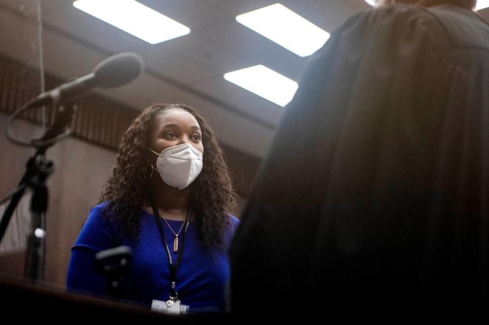 Sheneka Terry swears in as acting Muscogee County District Attorney at the Government Center on Oct. 6, 2021, in Columbus, Ga. Terry succeeds DA Mark Jones after he was suspended following an indictment, including bribery, in September.