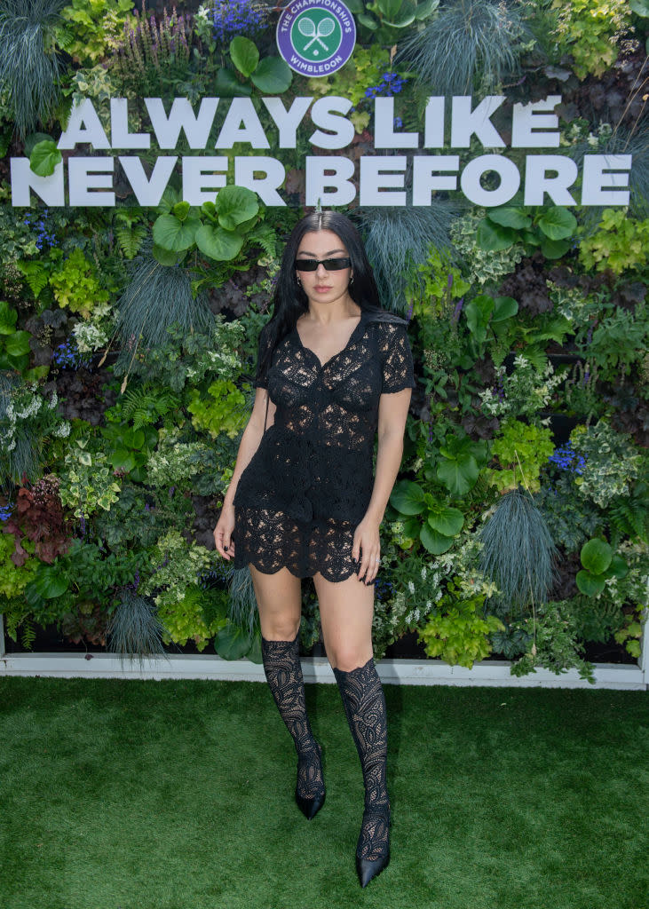 Charli XCX attends Wimbledon on July 11 in London, Brat summer, crochet minidress, little black dress, sheer