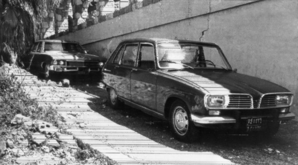 FILE - These two cars found just outside Beirut, Lebanon, are believed to be those used by the Israeli troops in raids on Palestinian leaders on April 10, 1973. The Israeli commando force led by a man disguised as brunette. Ehud Barak, who later rose to become Israel's prime minister, infiltrated a posh Beirut neighborhood shooting dead three top officials with the Palestine Liberation Organization in two separate adjacent buildings. (AP Photo/Zaven Vartan, File)