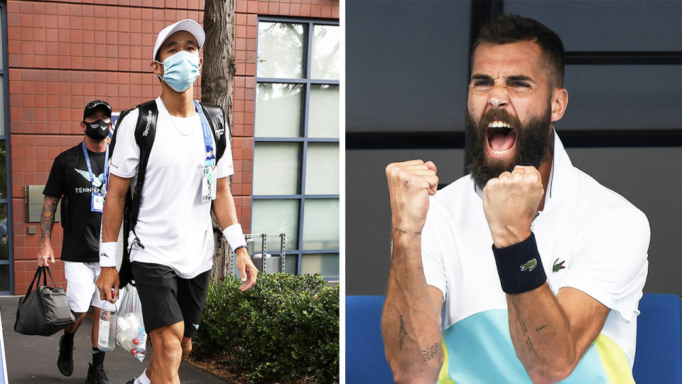 Benoit Paire (pictured right) screaming and fist-pumping and a player (pictured right) leaving the bubble.