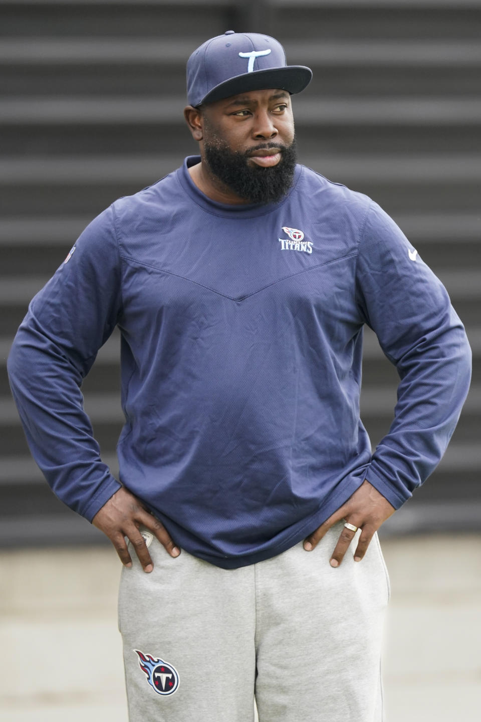 Tennessee Titans general manager Ran Carthon watches from the sideline during practice at the NFL football team's training facility Thursday, June 8, 2023, in Nashville, Tenn. (AP Photo/George Walker IV)