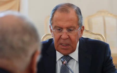 Russian Foreign Minister Sergei Lavrov speaks during a meeting with Arab League Secretary-General Ahmed Aboul Gheit in Moscow, Russia, July 5, 2017. REUTERS/Sergei Karpukhin