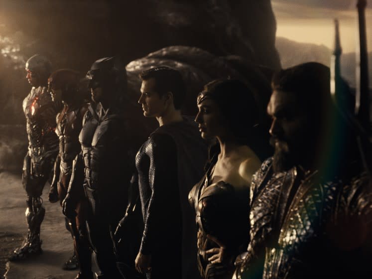 Ray Fisher, Ezra Miller, Ben Affleck, Henry Cavill, Gal Gadot and Jason Momoa in the movie "Zack Snyder's Justice League."