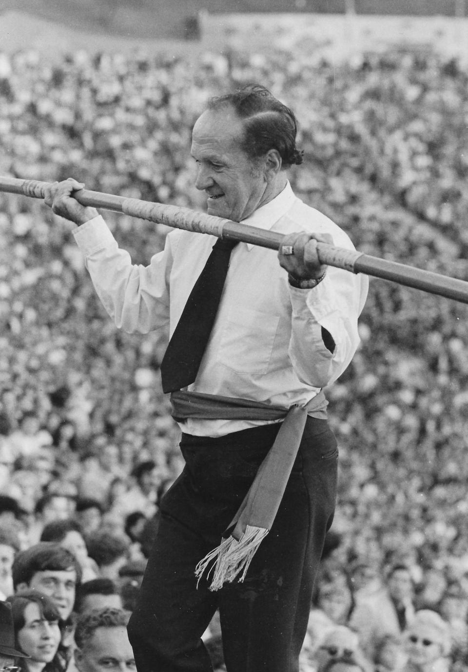 Tightrope walker Karl Wallenda nears the end of his journey across the Akron Rubber Bowl on Sept. 15, 1973.