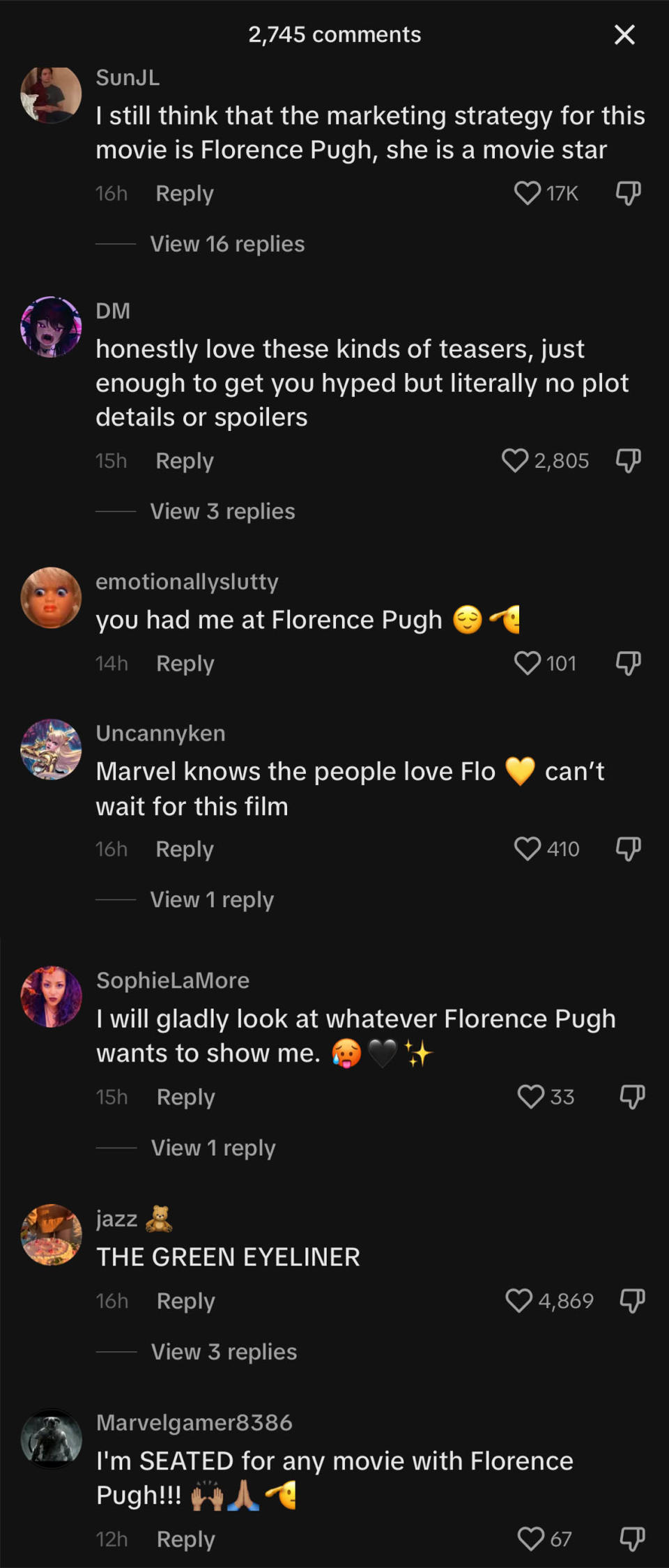 TikTok comments featuring a mix of comments from fans anticipating the performance of Florence Pugh in Thunderbolts, including "I will gladly look at anything Florence Pugh wants to show me"