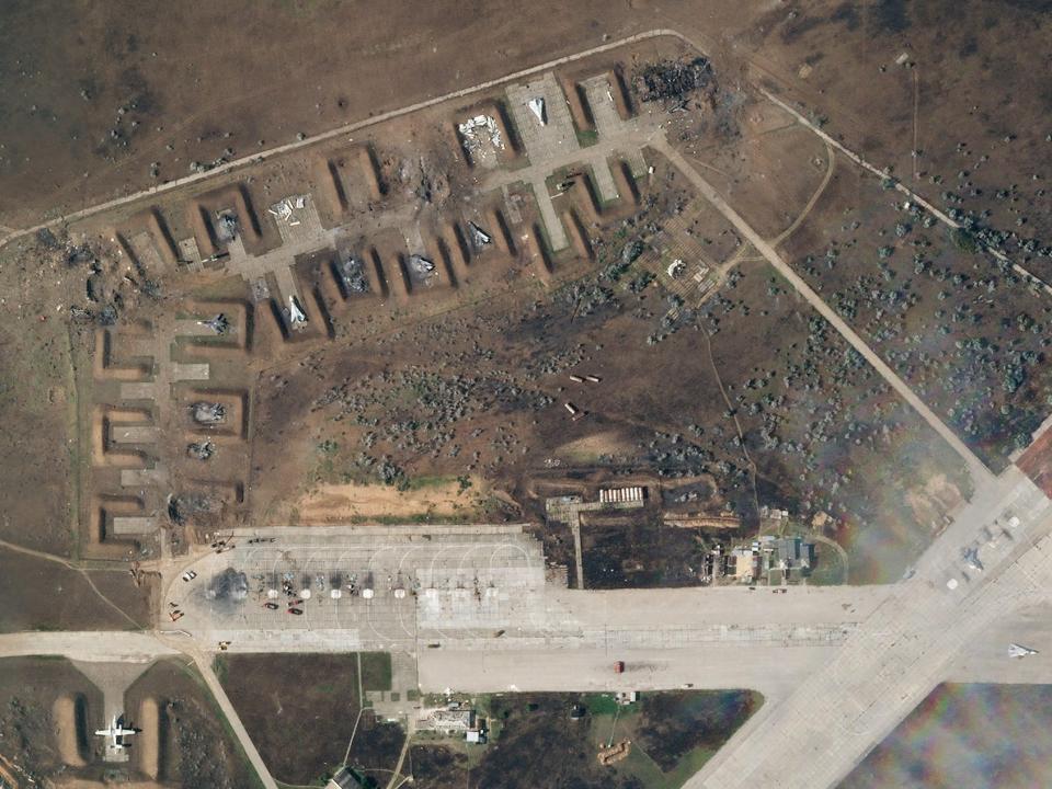 A satellite image showing several destroyed aircraft and buildings at the Russian Saky airbase in Crimea, on August 10, 2022