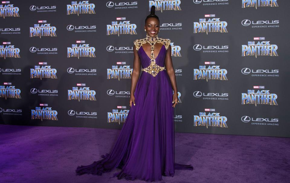 Who: Lupita Nyong’o<br> What: Atelier Versace<br> Where: At the <em>Black Panther</em> premiere, Los Angeles<br> When: January 29, 2018