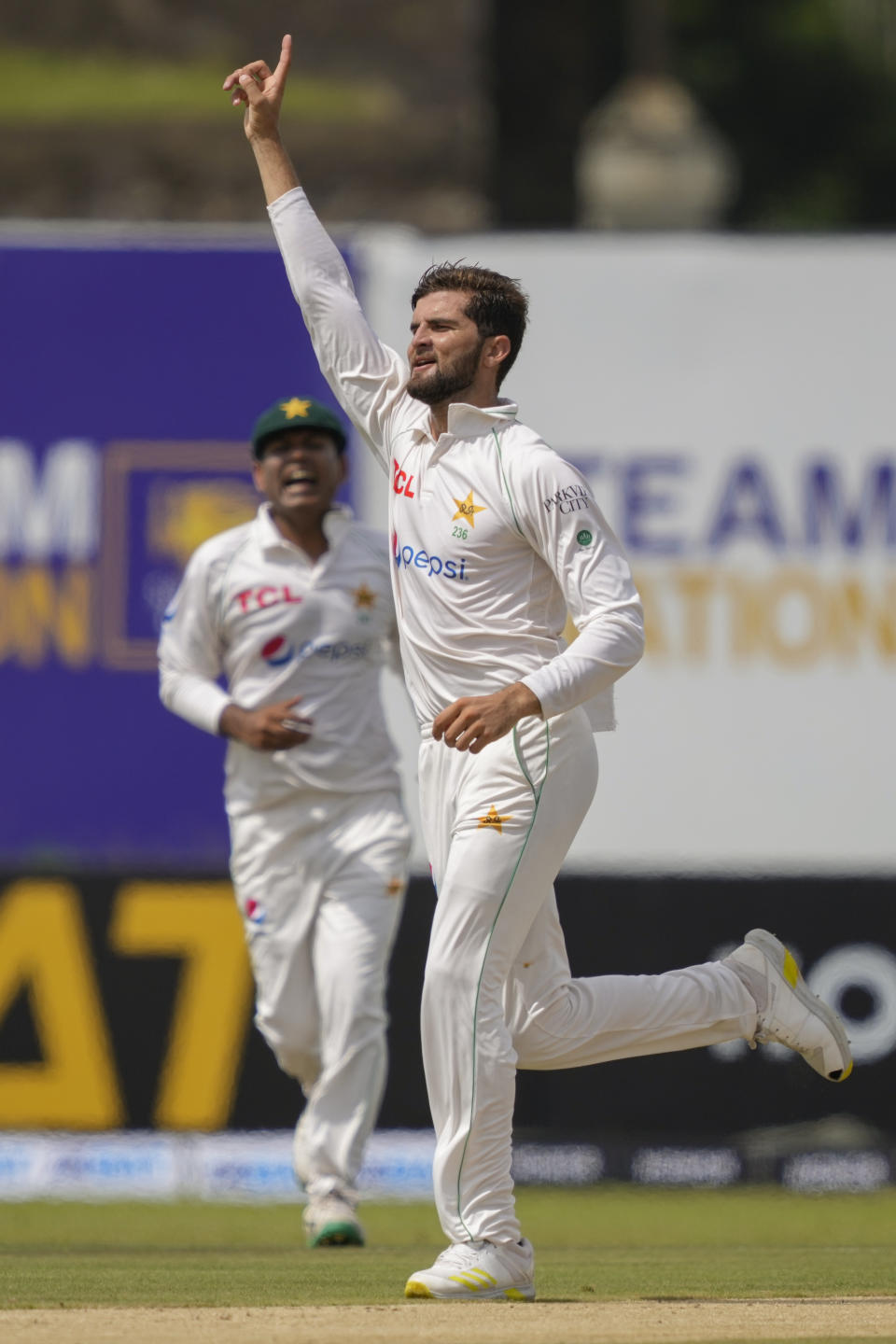 Pakistan's Shaheen Shah Afridi celebrates taking the wicket of Sri Lanka's Nishan Madushka during the day one of the first test cricket match between Sri Lanka and Pakistan in Galle, Sri Lanka on Sunday, July 16, 2023. (AP Photo/Eranga Jayawardena)