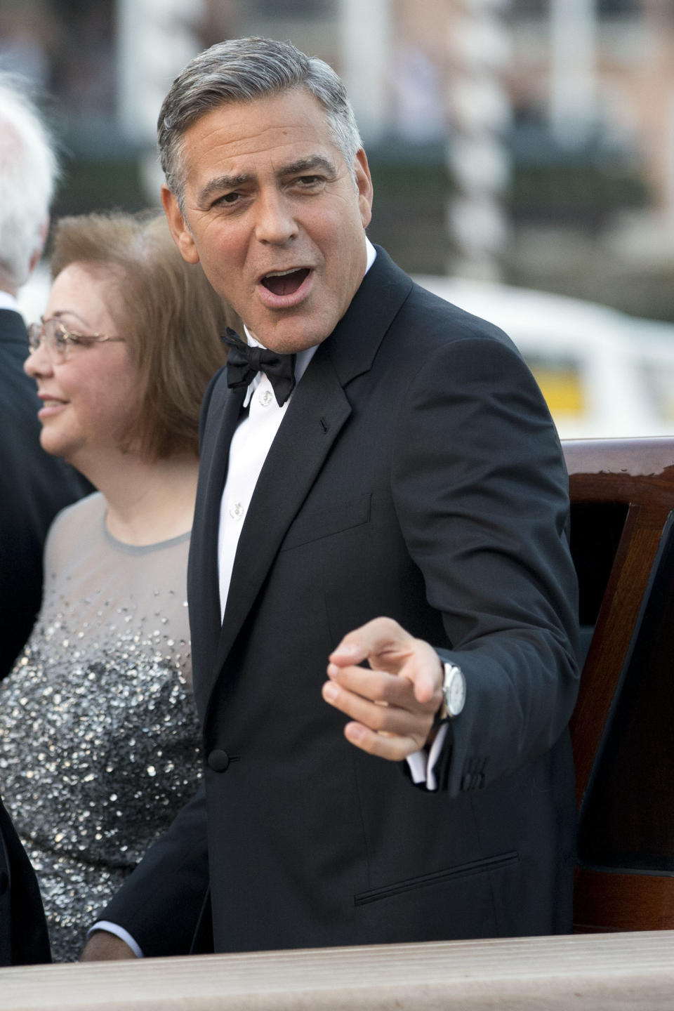 George Clooney arrives at the Aman hotel to marry Amal Alamuddin, in Venice, Italy, Saturday, Sept. 27, 2014. (AP Photo/Andrew Medichini)