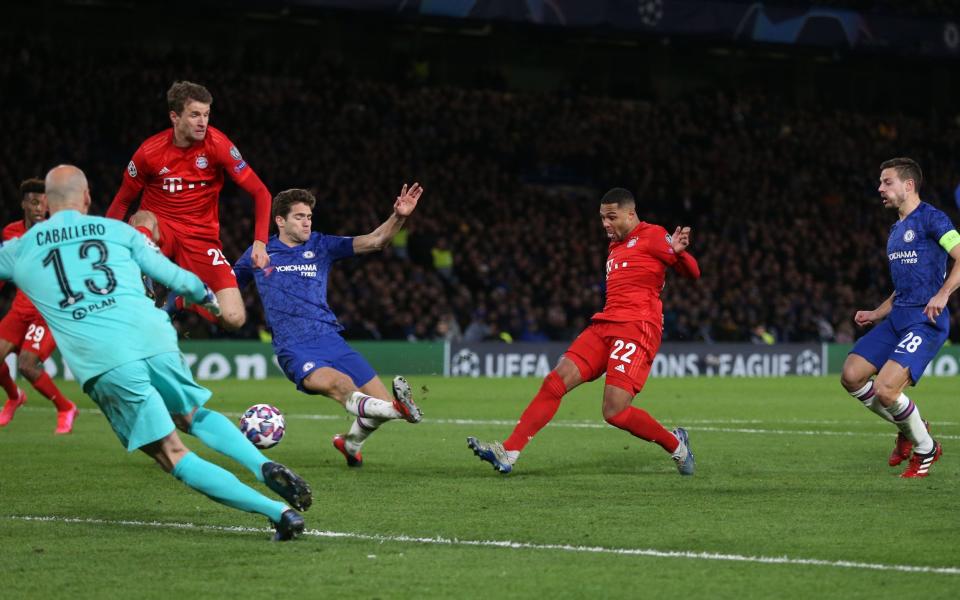 Bayern Munich's Serge Gnabry scores his side's first goal against Chelsea - Getty Images