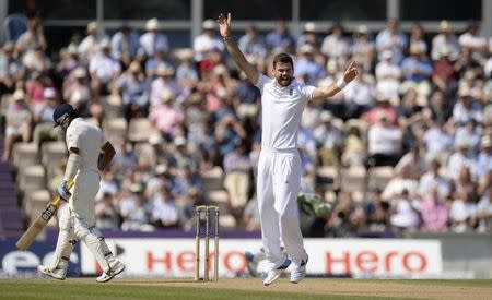 England's James Anderson (R) celebrates after dismissing India's Mohammed Shami during the third cricket test match at the Rose Bowl cricket ground, Southampton, England July 30, 2014. REUTERS/Philip Brown