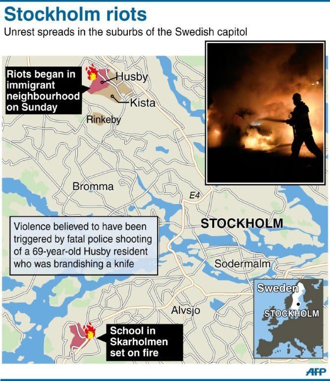 Map locating unrest in the suburbs of Stockholm, Sweden. Rioters have torched cars and attacked local police stations in 15 immigrant-populated Stockholm suburbs in a fourth night of riots, shattering Sweden's image as a peaceful and egalitarian nation