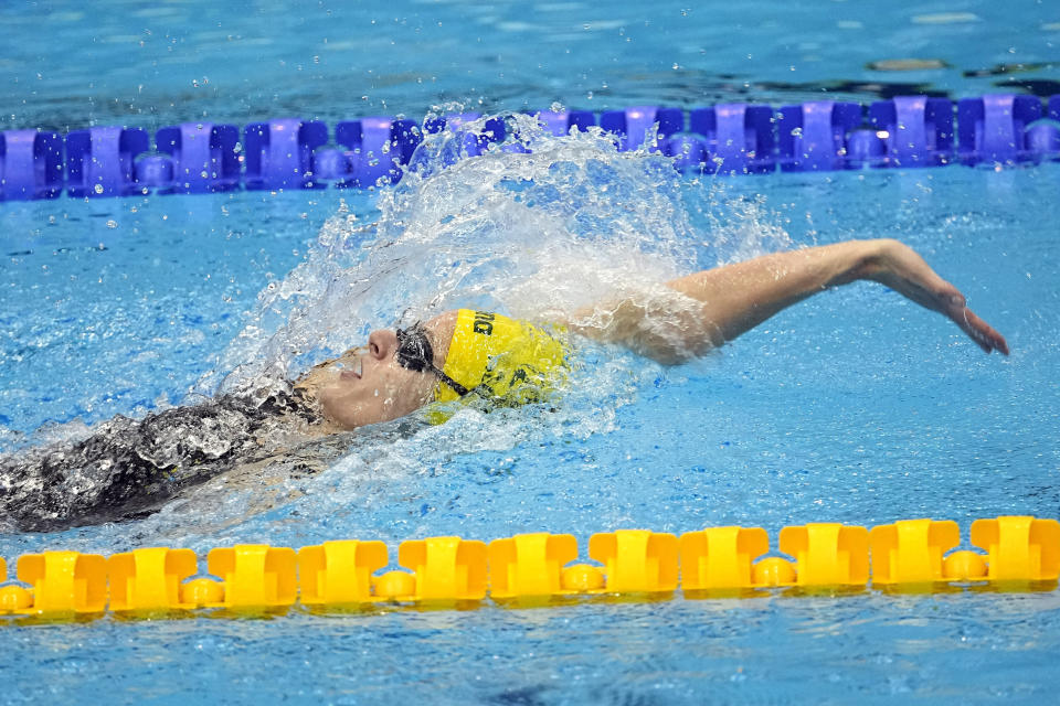 Kaylee McKeown, of Australia, competes in the women's 200-meter backstroke final at the World Swimming Championships in Fukuoka, Japan, Saturday, July 29, 2023. McKeown won the race. (AP Photo/David J. Phillip)