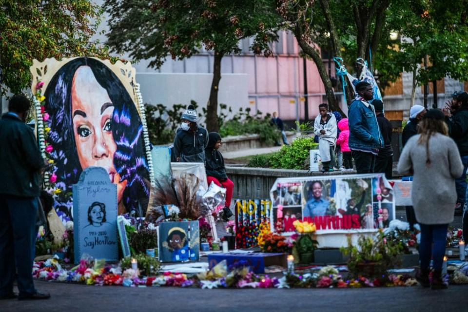 Protesters gather near the Breonna Taylor memorial in Louisville, Kentucky’s Jefferson Square Park on Oct. 2, 2020. Taylor was killed months earlier by police who raided her home based on a falsified warrant. (Photo by Jon Cherry/Getty Images)