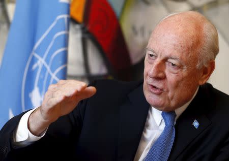 U.N. mediator for Syria, Staffan de Mistura talks to Reuters during an interview at the U.N. in Geneva, Switzerland March 1, 2016. REUTERS/Ruben Sprich