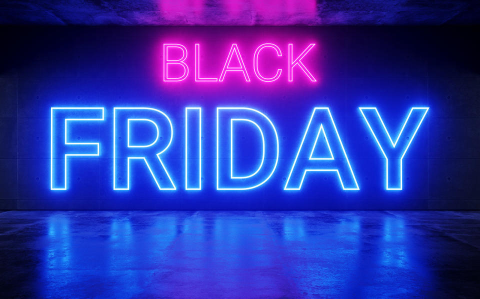 Black Friday written in neon blue and pink