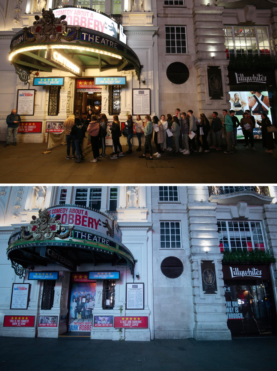 Ticket holders for Comedy about a Bank Robbery in line outside the Criterion Theatre, London on 12 March, top, and the theatre on Tuesday, below.