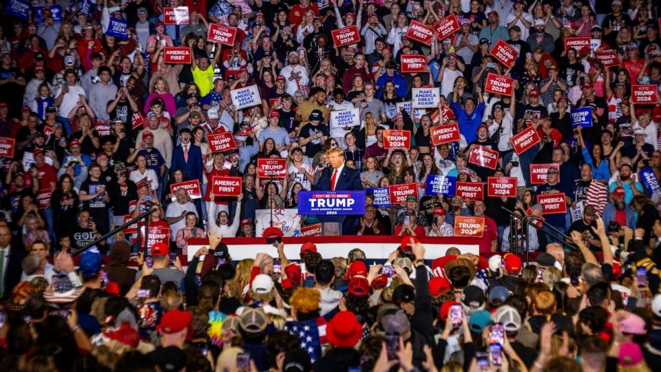 PHOTO: Former President and 2024 presidential hopeful Donald Trump speaks at a 'Get Out the Vote' Rally in Conway, South Carolina, Feb. 10, 2024.  (Julia Nikhinson/AFP via Getty Images)