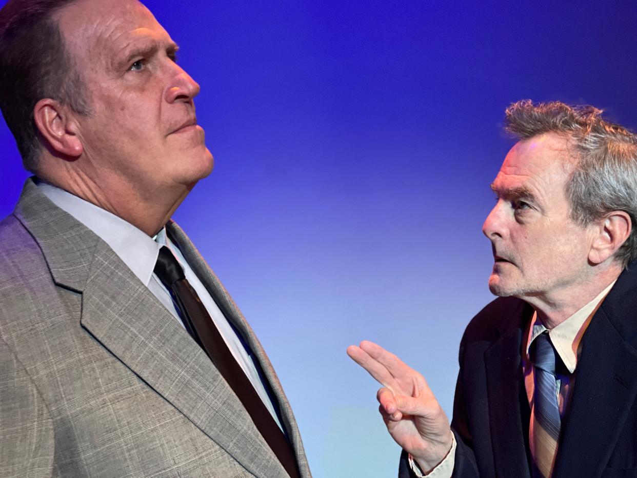 Ralph Scott (as John F. Kennedy), left, and Jonathan Putnam (as J. Edgar Hoover) in the Abbey Theater of Dublin premiere of Herb Brown’s play “The Price of Power.”