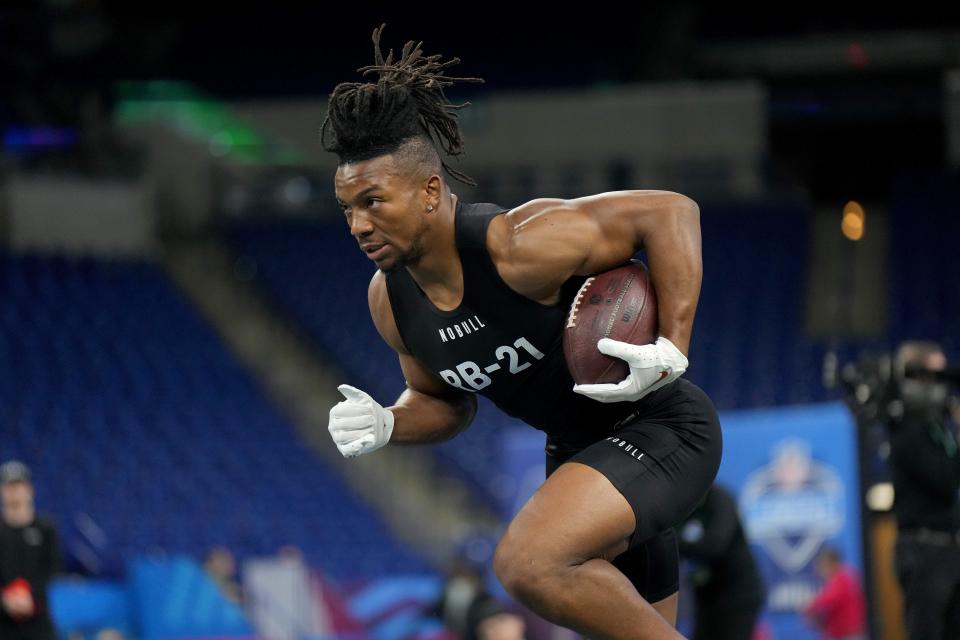 Texas running back Bijan Robinson during the NFL Scouting Combine at Lucas Oil Stadium in Indianapolis on March 5, 2023.