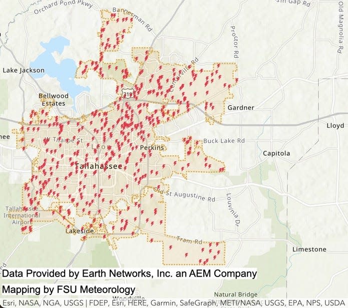 Each red dot is the location of the 475 cloud to ground lightning strikes within the Tallahassee City Limits during August 2022.