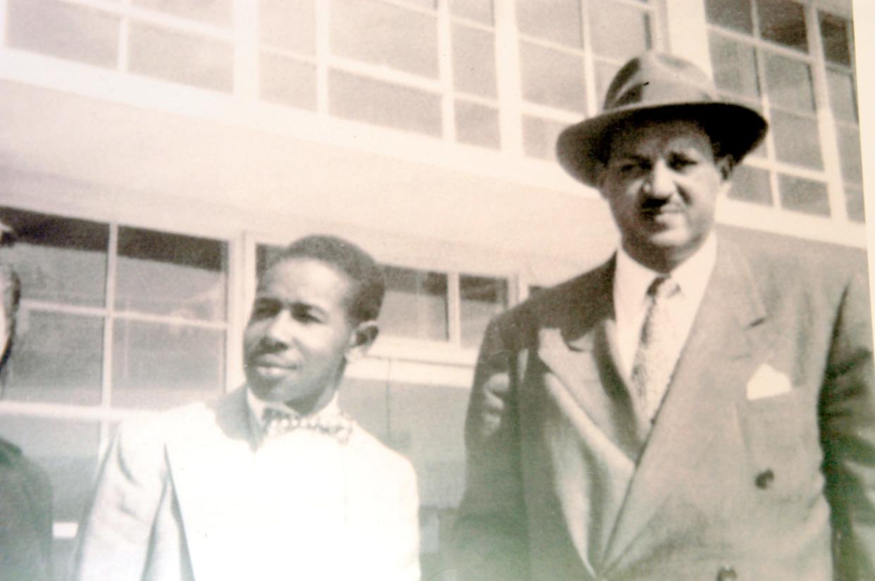 Copy of a portrait of Thurgood Marshall and Paul Perkins, defense attorneys at the Walter Irvin's retrial in Ocala in February, 1952. Owned by author of The Groveland Four, Gary Corsair. (Erica Brough/Star-Banner)2003