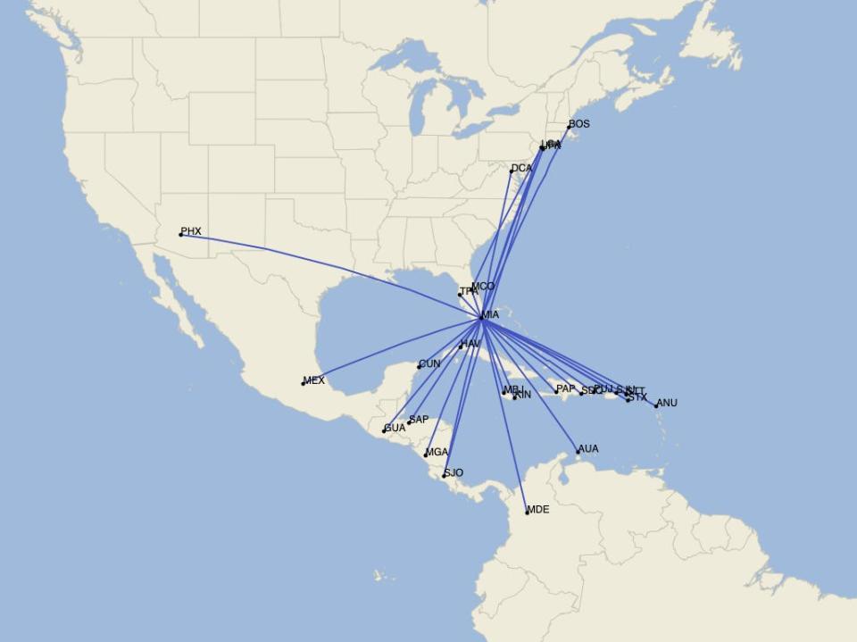 American Airlines Boeing 737 MAX routes in February 2021.