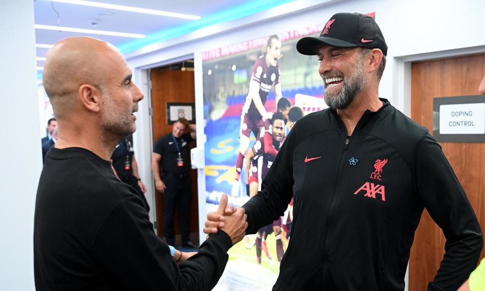 <span>Pep and Jürg, earlier.</span><span>Photograph: Michael Regan/The FA/Getty Images</span>