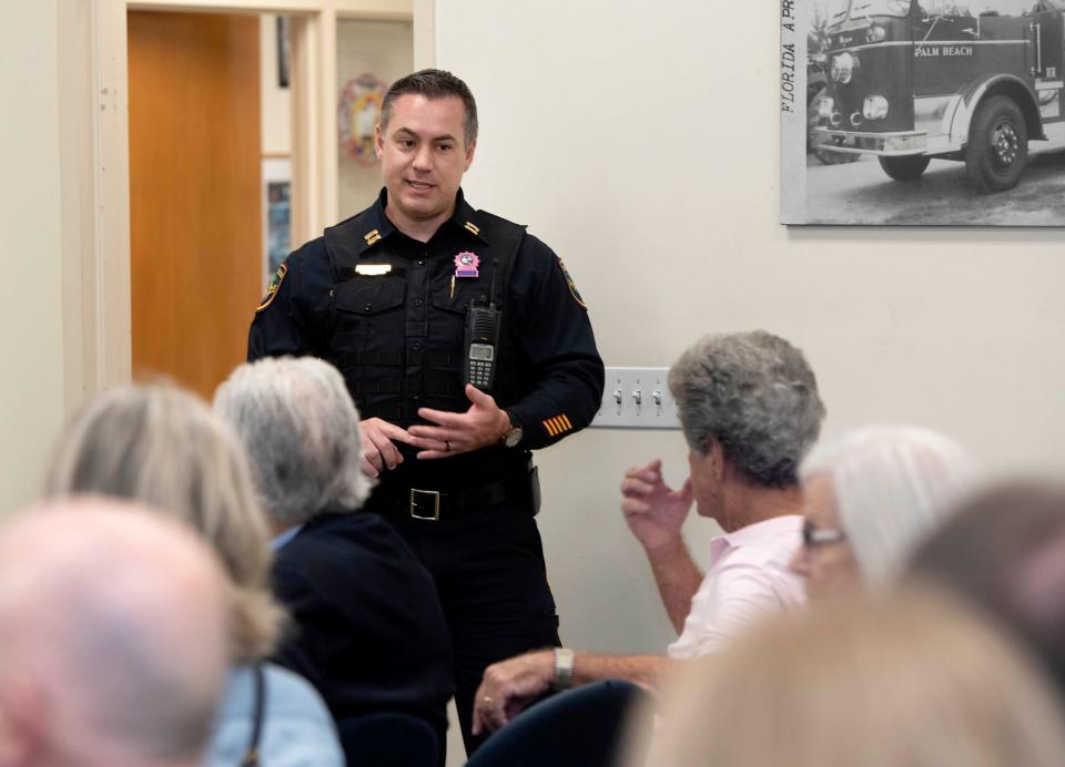 Palm Beach police Capt. William Rothrock answers questions from South End residents during Thursday's Safety Forum.