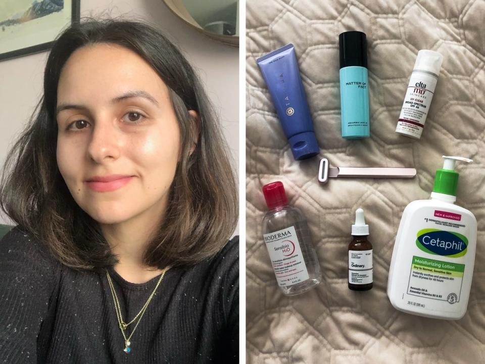 Julia Pugachevsky on left; her skincare products on right