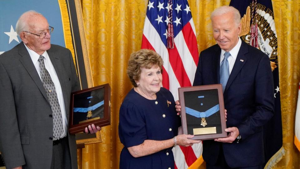 PHOTO: President Joe Biden presents the Medal of Honor posthumously to descendants of Union soldiers Pvt. Philip Shadrach and Pvt. George Wilson, members of the 2nd Ohio Volunteer Infantry Regiment in the Civil War in Washington, July 3, 2024.  (Elizabeth Frantz/Reuters)
