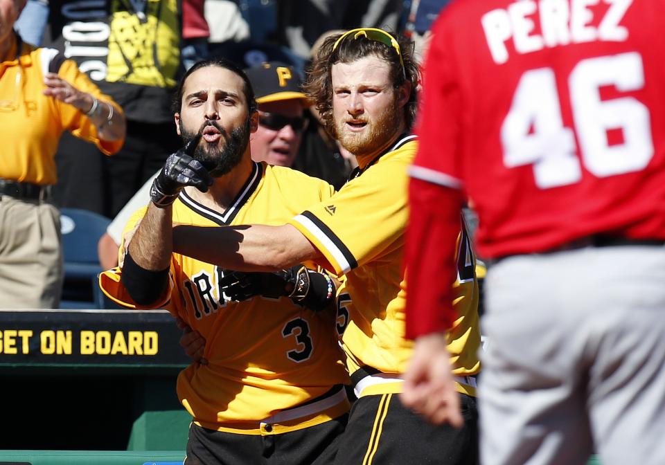 <p>Sean Rodriguez #3 of the Pittsburgh Pirates is held back by Gerrit Cole #45 during a bench clearing altercation against the Washington Nationals at PNC Park on September 25, 2016 in Pittsburgh, Pennsylvania. (Photo by Justin K. Aller/Getty Images) </p>