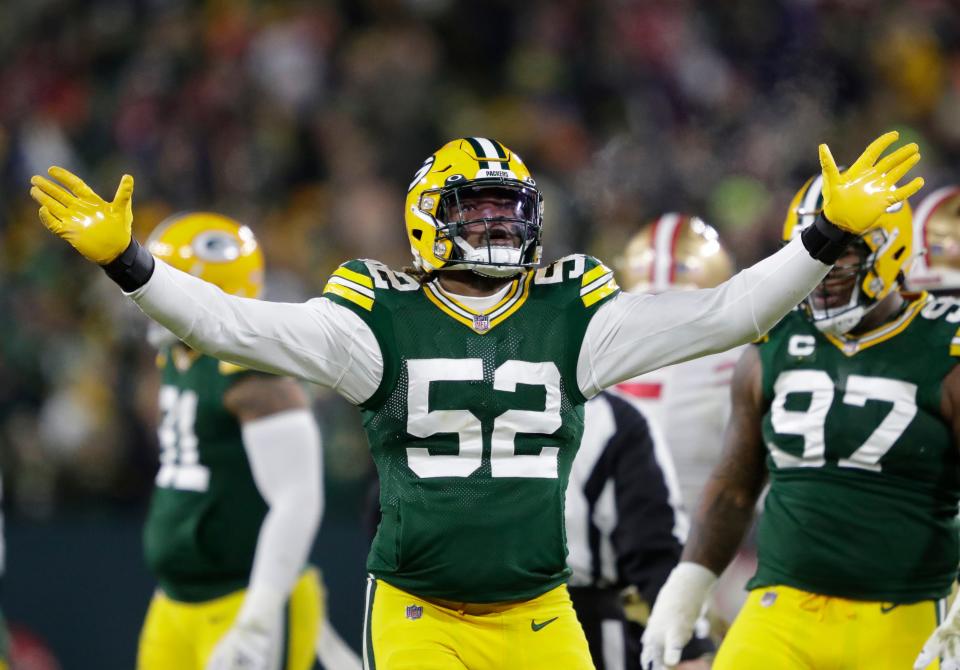 Green Bay Packers outside linebacker Rashan Gary (52) celebrates a fumble against the <a class="link " href="https://sports.yahoo.com/nfl/teams/san-francisco/" data-i13n="sec:content-canvas;subsec:anchor_text;elm:context_link" data-ylk="slk:San Francisco 49ers;sec:content-canvas;subsec:anchor_text;elm:context_link;itc:0">San Francisco 49ers</a> in the second quarter during their NFL divisional round football playoff game Saturday January 22, 2022, at Lambeau Field in Green Bay, Wis. Dan Powers/USA TODAY NETWORK-Wisconsin<br>Apc Packvs49ers 0122220510djp